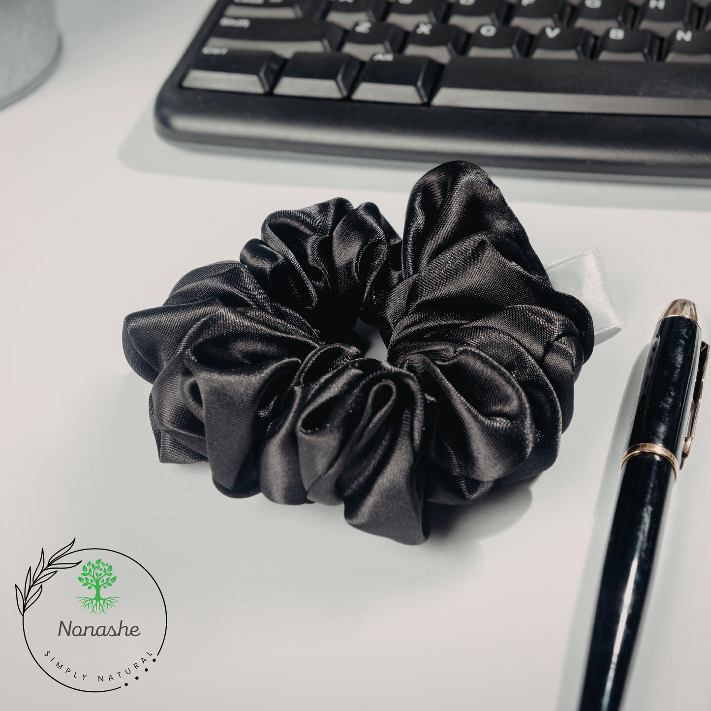 Nonashe Black Satin Scrunchie – Classic Silky Hair Tie | Elegant Everyday Style